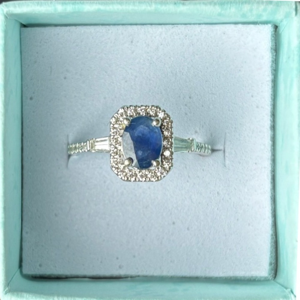 Stunning Oval Sapphire Diamond Halo Engagement Ring 14k White Gold‎ Sz 7